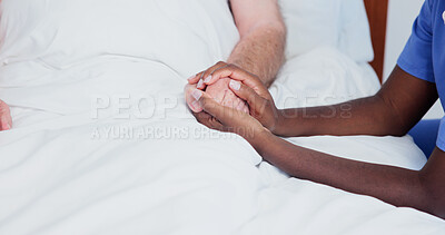 Buy stock photo Senior, nurse and holding hands with patient in bed for empathy, understanding or comfort. Elderly, caregiver or person with healthcare worker in bedroom for sympathy, help or support in nursing home