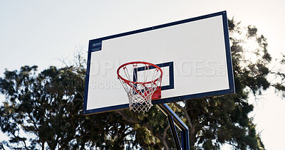 Buy stock photo Outdoor, fitness and basketball hoop on empty court for game, training or workout with competition. Trees, nature and sports equipment with net for match, practice or exercise with challenge.
