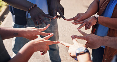 Buy stock photo Outdoor, circle and people with star hands for support, solidarity and trust in non profit organization. Bonding, teamwork and group of volunteers with fingers together for connection in ngo at park.