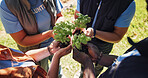 Hands, people and volunteer at park with plants, growth and  earth day for community outreach. Above, team and soil in nature with leaves, social responsibility and gardening for conservation project
