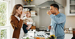 Family, baby and drink with cooking in kitchen of home for bonding, teaching and support. People, parents and smile or excited for preparing dinner with ingredients or vegetable for child development