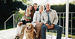 Patio, portrait and grandparents, parents and child for bonding, holiday and family weekend. Backyard, generations and senior people with mom, dad and kid for love, relationship and relax with dog