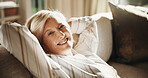Mature, portrait and relax with happy woman on sofa in home for weekend, summer break or comfort. Female person, rest or recovery with smile on living room couch for holiday or vacation in house