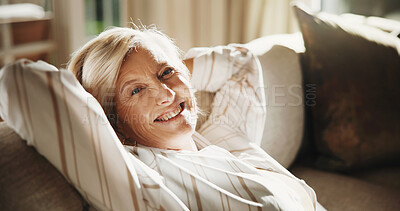 Buy stock photo Mature, portrait and relax with happy woman on sofa in home for weekend, summer break or comfort. Female person, rest or recovery with smile on living room couch for holiday or vacation in house