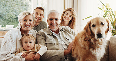 Buy stock photo Portrait, grandparents and baby in home with dog for bonding, relax and connection for visit. Happy, generations and mom, dad and senior parents with child for love, care and relationship with pet