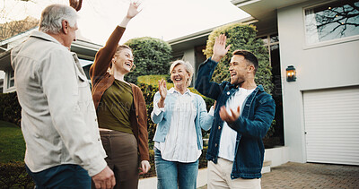 Buy stock photo Happiness, celebration and family outdoor by house for applause excited and parents with adult siblings. Cheers, clapping and success with good news in driveway, senior people with son and daughter