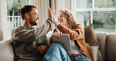 Buy stock photo Tablet, success or happy couple with high five for credit card payment or online shopping in home. Man, woman or smile with technology or debit for transaction confirmation, purchase or ecommerce app