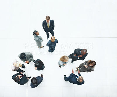 Buy stock photo Meeting, networking and event with business people at airport for conference, communication and team. Corporate seminar, collaboration and discussion with above of employees in lobby for workshop