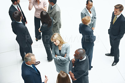 Buy stock photo Meeting, conference and event with business people at office for networking, communication and team. Corporate seminar, collaboration and discussion with above of employees in lobby for workshop