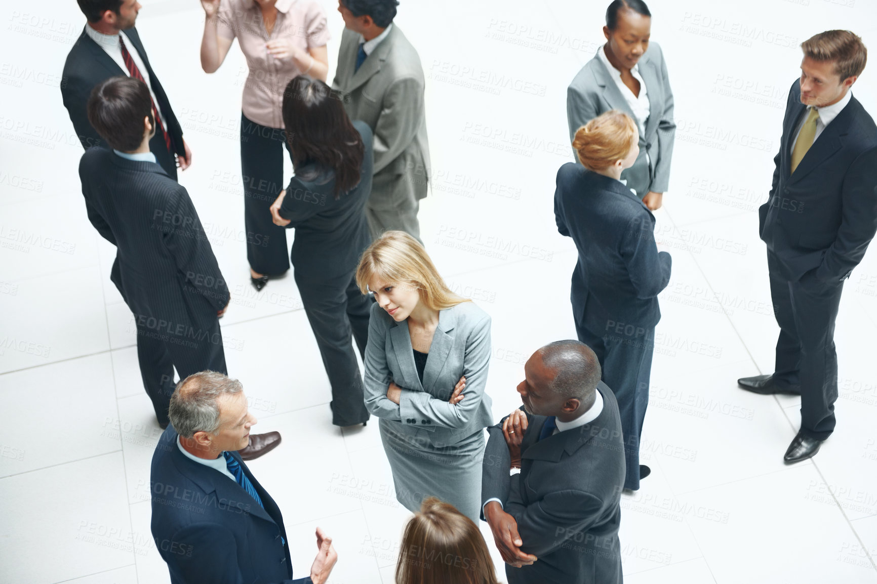 Buy stock photo Meeting, conference and event with business people at office for networking, communication and team. Corporate seminar, collaboration and discussion with above of employees in lobby for workshop