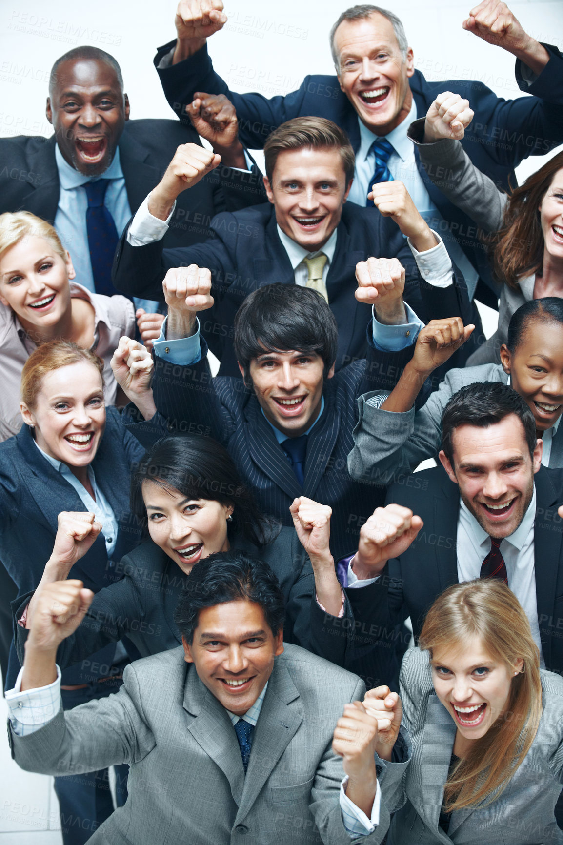 Buy stock photo Portrait, celebration and excited business people in office with smile, profit achievement and success. Above, happy team and cheering in workplace with corporate deal, revenue goals and solidarity.