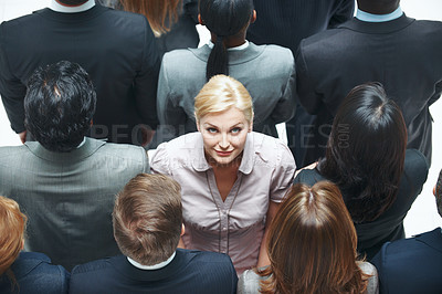 Buy stock photo Business, selection and portrait with woman in crowd for job opportunity or talent above. Top view, female person or employee with smile in audience for onboarding pick, recruitment or identity