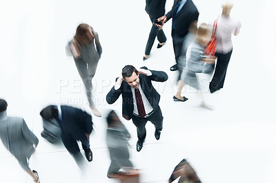 Buy stock photo Stress, shout or man in agency with rush, urgency or overwhelmed with workplace fatigue. Scream, top view or employee in office with motion blur, colleague tension or time pressure in business crisis