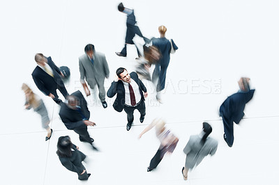 Buy stock photo Stress, shout and man in office with rush, urgency or overwhelmed with workplace fatigue. Tired, above and employee in agency with scream, colleague tension or time pressure in business crisis.