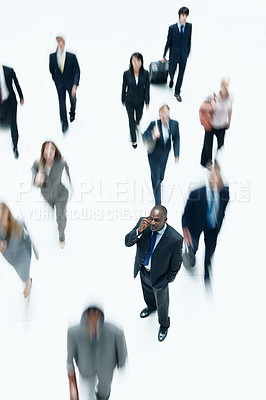 Buy stock photo Motion blur, phone call and travel with business man at airport for conference, communication and event. Corporate seminar, layover lobby and contact with above employees for commute and journey
