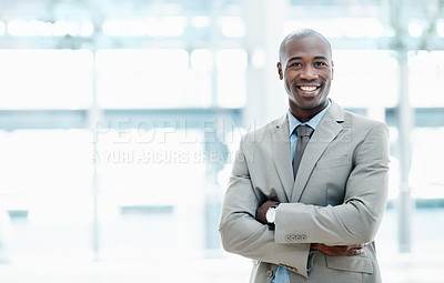 Buy stock photo Pride, portrait or black man in office with arms crossed, investment advisor or career in finance agency. Happy, space or asset consultant with confidence, funding planner or about us as risk manager
