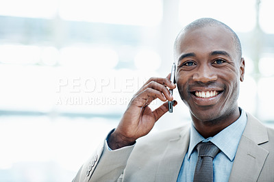 Buy stock photo Phone call, portrait and businessman with smile in business, wealth management and chat with contact. Happy, financial advisor and black person with mobile, space and investment update in office