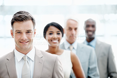Buy stock photo Row, man and smile with team in office for legal representation, case collaboration or about us. Attorney portrait, group and happy in line for litigation management, career integrity or trial leader