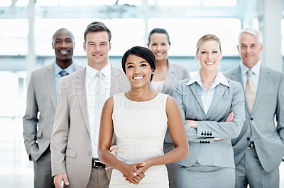 Buy stock photo Smile, portrait or business people with team in lobby for career, about us or financial conference. Consultant, group and proud finance advisor in office with ambition, corporate event or opportunity