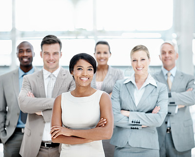 Buy stock photo Arms crossed, portrait or business people with team in lobby for career, about us or financial conference. Consultant, group and proud advisor in office with ambition, corporate event or opportunity