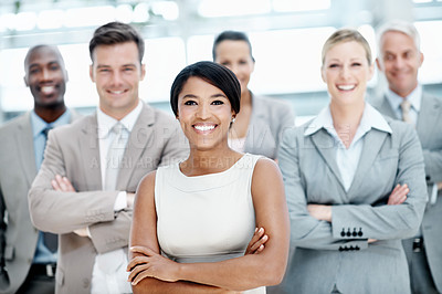 Buy stock photo Arms crossed, portrait or business people with group in lobby for career, about us or financial conference. Consultant, team and proud advisor in office with ambition, corporate event or opportunity