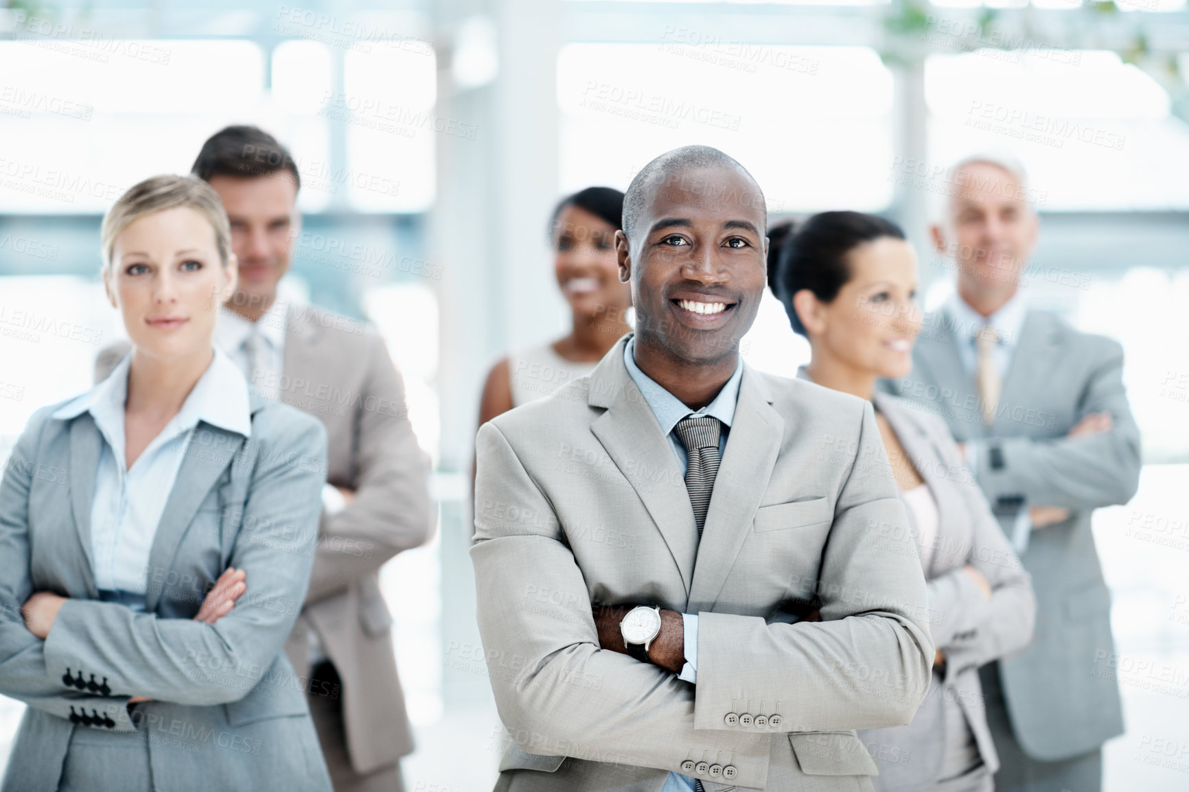 Buy stock photo Portrait, smile and group with arms crossed in office, leadership or team with financial development. Corporate, business people and solidarity with colleagues, happy and collaboration for project