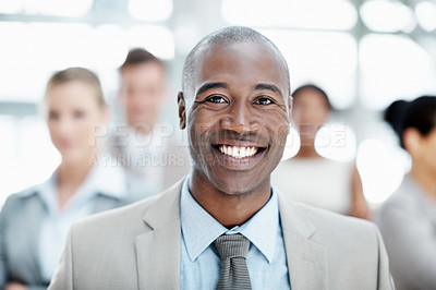 Buy stock photo Happy, portrait and businessman in lobby with team for financial agency, career and opportunity. Corporate, staff and person for about us, company pride and ambition for finance consulting in office