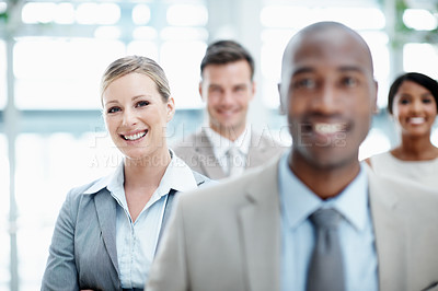 Buy stock photo Woman, office and portrait of business people in lobby for pride, about us and partnership at law firm. Corporate, team and lawyers with confidence for legal consulting, attorney career and service