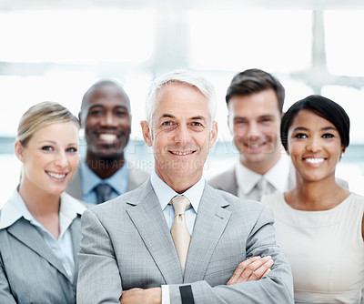 Buy stock photo Happy, portrait and business people with arms crossed in office, pride or team with financial growth. Corporate company, leader and solidarity with colleagues, smile and collaboration for project