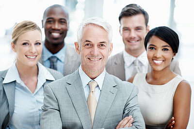 Buy stock photo Arms crossed, portrait or businessman with staff in lobby for career, about us or financial conference. Consultant, team and proud advisor in office with ambition, corporate event or opportunity