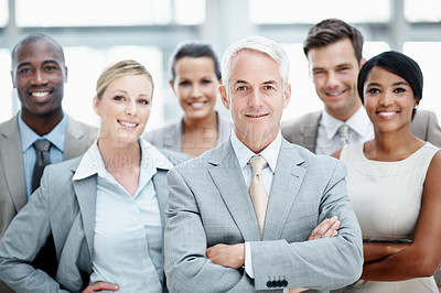Buy stock photo Partnership, portrait and business people with arms crossed in office, team or financial development. Corporate company, group and leader with colleagues, happy or collaboration for wealth management