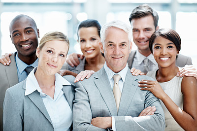 Buy stock photo Corporate, portrait and business people in lobby for teamwork, partnership and about us for insurance. Professional, happy and men with woman for company pride, trust and assurance for broker service