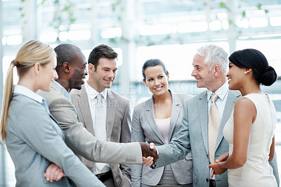 Buy stock photo Business, staff and handshake with manager in office for company welcome, onboarding or new hire. Happy, people or shaking hands with candidate for corporate intern, team integration or career growth