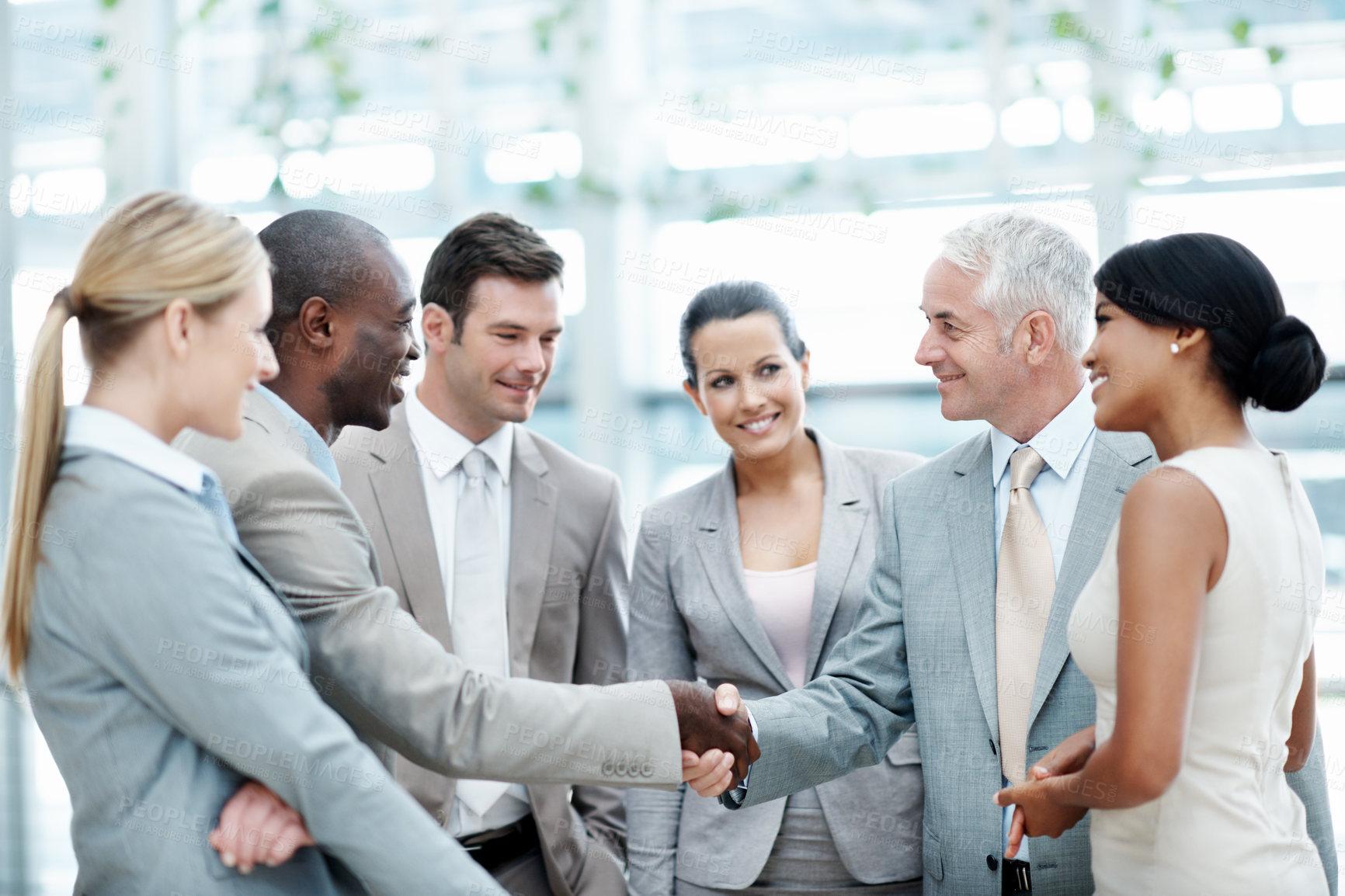 Buy stock photo Business, staff and handshake with manager in office for company welcome, onboarding or new hire. Happy, people or shaking hands with candidate for corporate intern, team integration or career growth