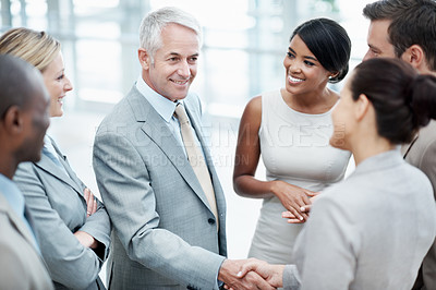 Buy stock photo Corporate, staff or handshake with manager in office for department welcome, respect or happy. People, mature man or shaking hands with new hire for business intern, team integration or career growth
