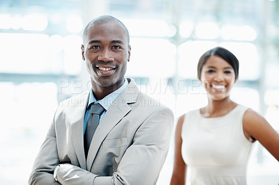Buy stock photo Happy, businessman and arms crossed with portrait for about us, corporate development and finance. Accountant, african man and woman with smile, investment consultant and asset management in office