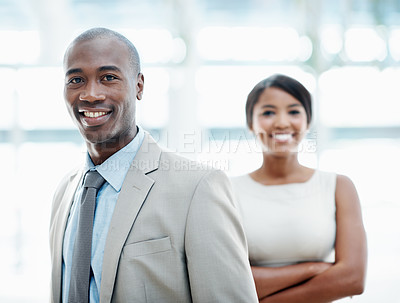 Buy stock photo Happy, businessman and smile with portrait for about us, corporate development and ambition. Accountant, African man and woman with confidence, investment consultant and asset management in office