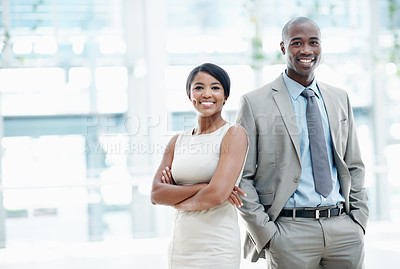 Buy stock photo Smile, business people and confidence with portrait for about us, corporate space and finance ambition. Accountant, man and woman with happy, investment consultant and asset management in office
