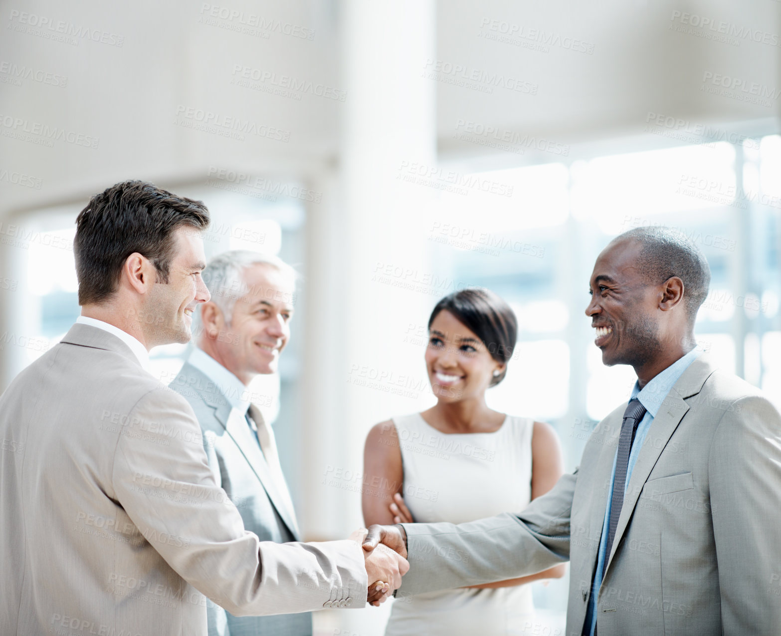 Buy stock photo Team, laugh and handshake with client in office, partnership or agreement for investment opportunity. Corporate, investor and shaking hands with happy people, collaboration and funding negotiation