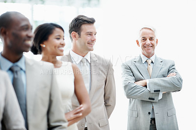 Buy stock photo Smile, portrait or businessman with team in lobby for career, about us or financial conference. Consultant, group and proud finance advisor in office with ambition, corporate event or opportunity