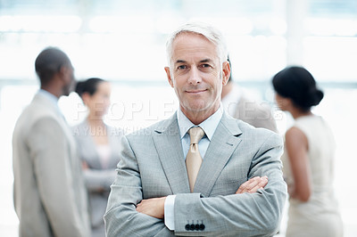 Buy stock photo Pride, portrait or man in firm with arms crossed, investment advisor or career in finance agency. Happy, business or mature risk manager with confidence, opportunity or about us as asset consultant.