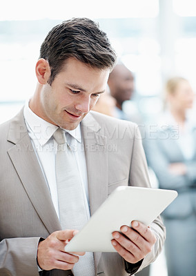 Buy stock photo Corporate, office and business man on tablet, finance review, research and investment opportunity. Professional, lobby and person on digital tech for trading news, budget planning or financial report