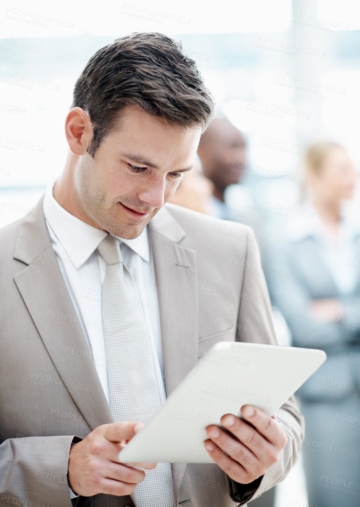 Buy stock photo Corporate, office and business man on tablet, finance review, research and investment opportunity. Professional, lobby and person on digital tech for trading news, budget planning or financial report