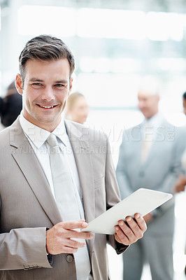 Buy stock photo Happy, portrait and businessman with tablet in business, accountant and pride for career development. Corporate, financial advisor and person with smile, online and research with technology in office