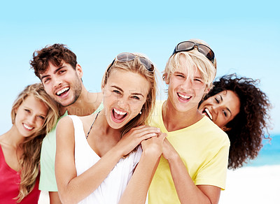 Buy stock photo Laugh, portrait and summer with friends at beach for travel vacation, bonding and smile together. Tropical getaway, tourism and weekend break with group of people outdoor for social reunion and trip