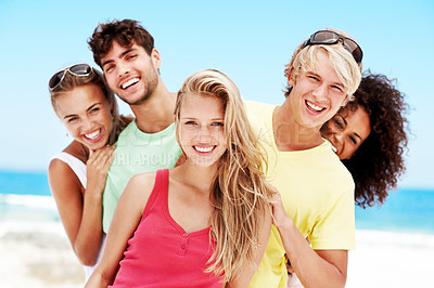 Buy stock photo Smile, portrait and holiday with friends at beach for summer vacation, bonding and happy together. Tropical getaway, tourism and weekend break with group of people outdoor for social reunion and trip