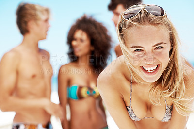 Buy stock photo Joke, summer and portrait of woman at beach for travel vacation, adventure and smile. Happiness, tropical getaway and holiday with group of people or friends outdoor for connection, relax and funny