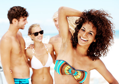 Buy stock photo Summer, friends and portrait of woman at beach for bonding, travel vacation and adventure. Tropical holiday, tourism and paradise with group of people outdoor for social gathering, gen z and getaway