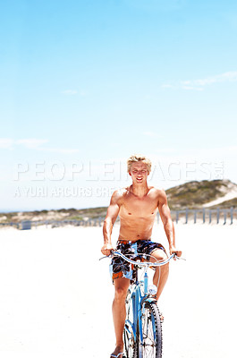 Buy stock photo Happy, beach and portrait of boy on bicycle for travel, journey and adventure on summer holiday. Space, blue sky and teenager with bike for transport, trip and smile for vacation, weekend and tourism