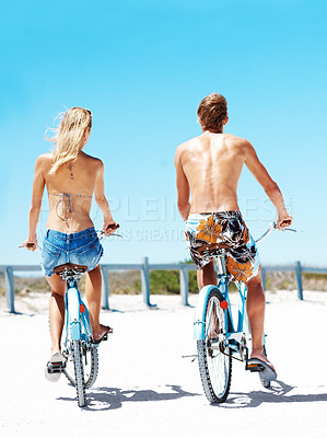 Buy stock photo Cycling, back and travel with couple at beach for romantic date, summer vacation and bonding. Love, support and adventure with man and woman on bike outdoor for journey,  freedom and holiday space